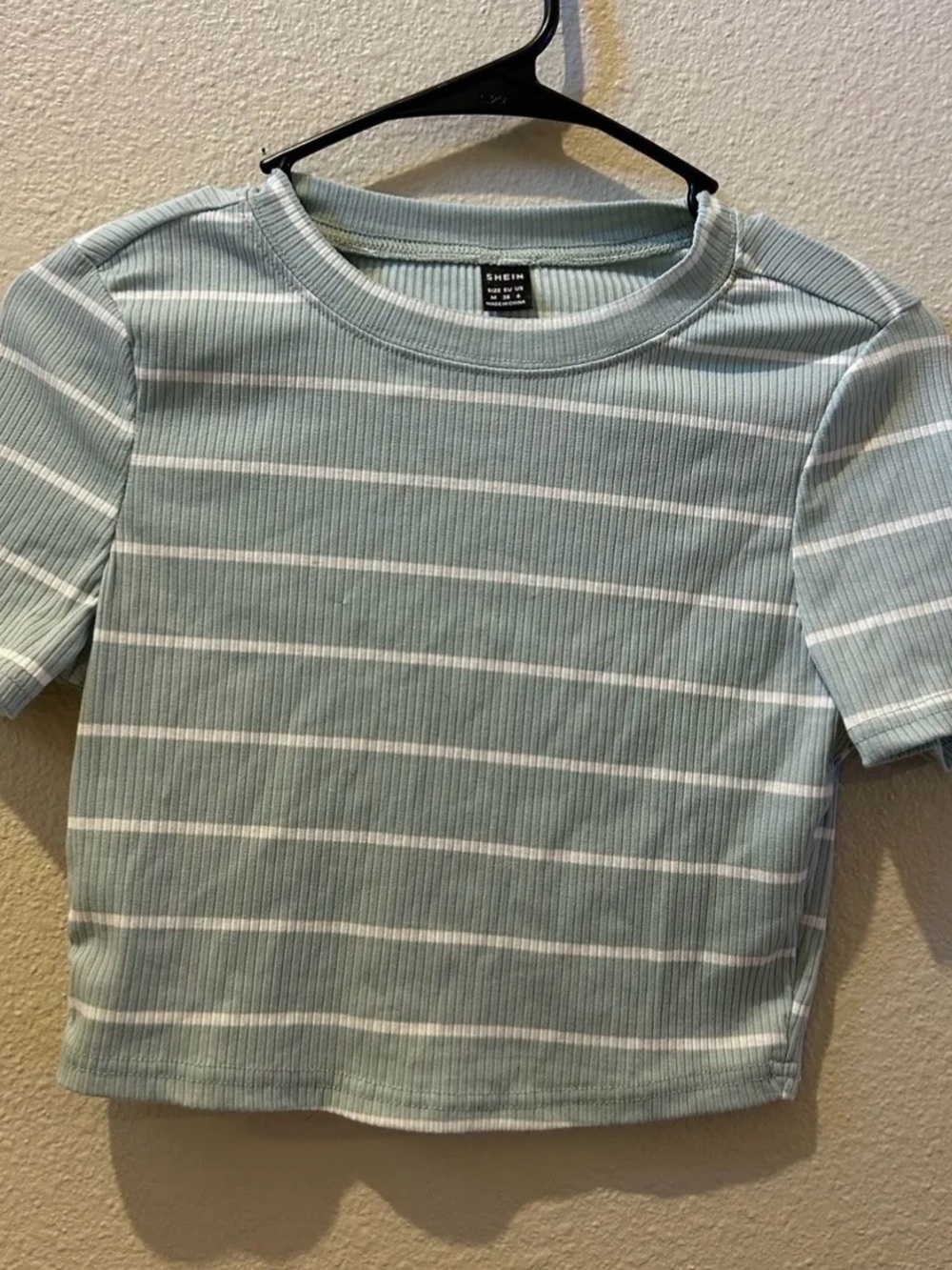 Shein Sage Blue Striped Ribbed Tee